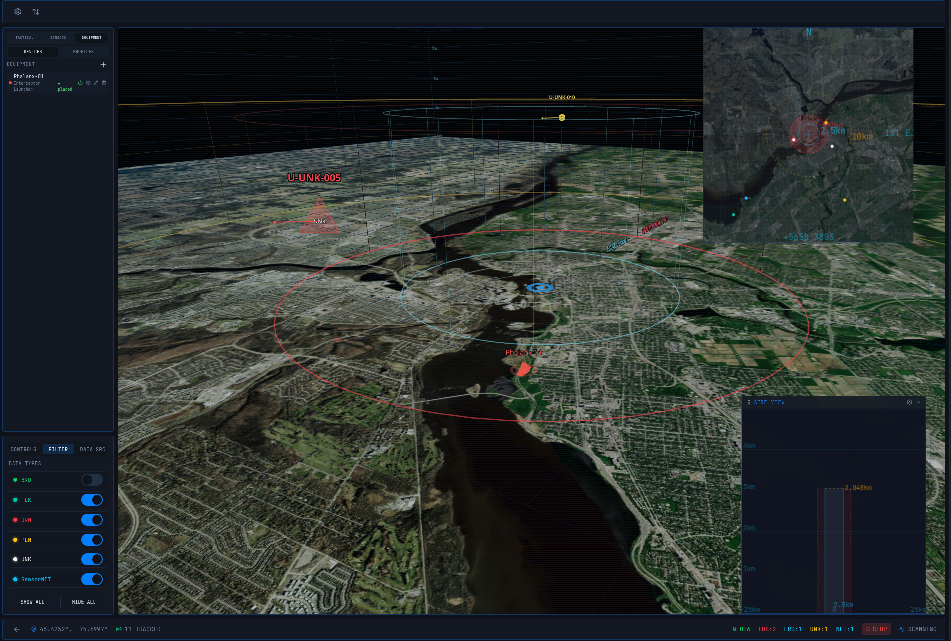 AEGIS 3D battlemap showing equipment panel with interceptor placed and live tracks