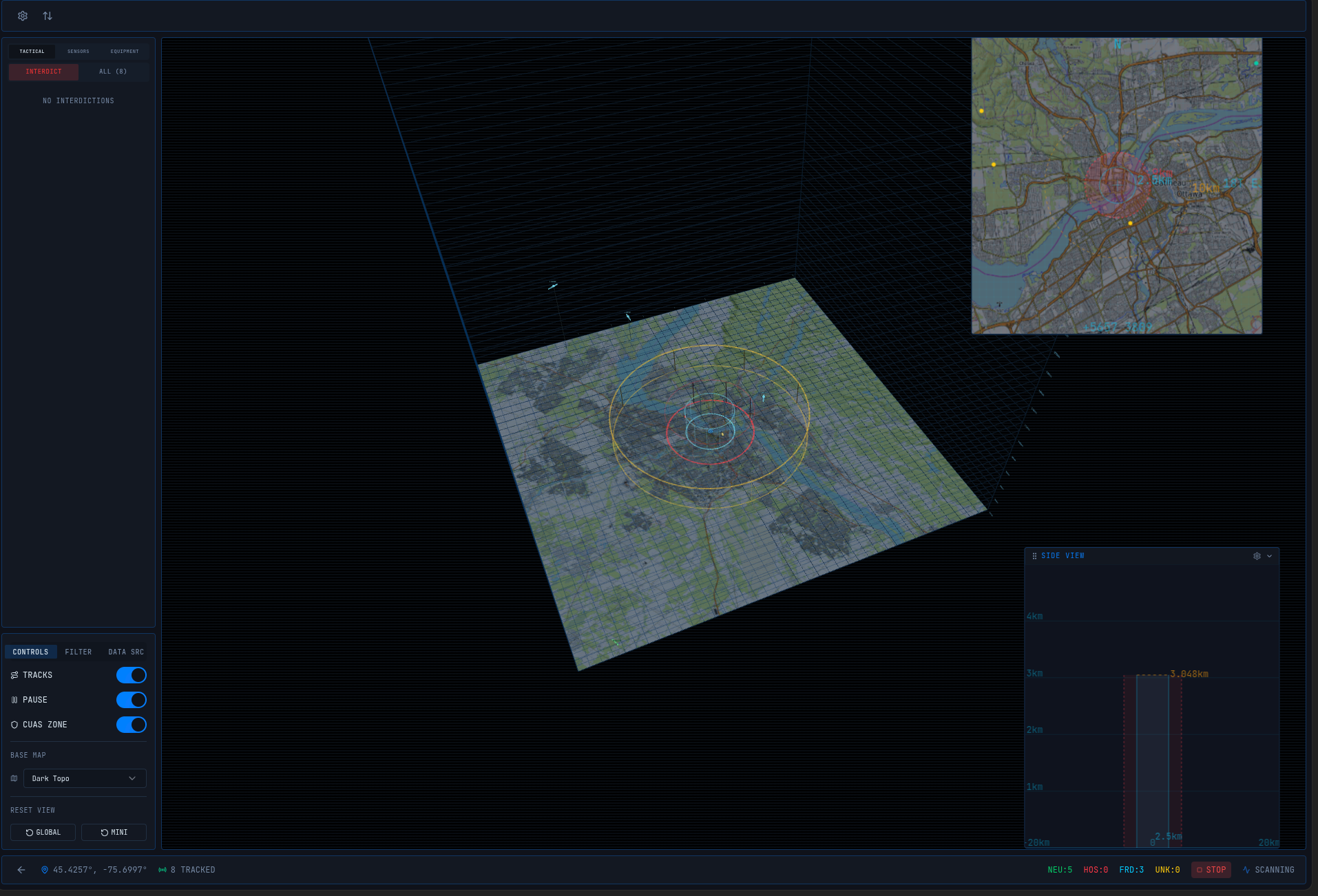 AEGIS battlemap wide-area CUAS zone view on dark topographic basemap