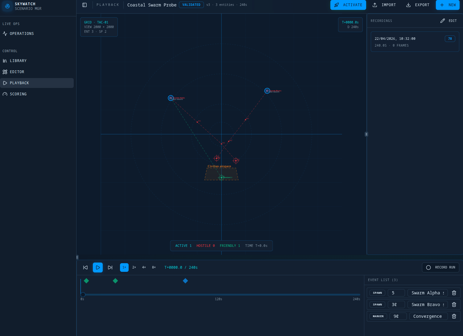 SkyWatch Scenario Manager playback view with tactical grid, recordings panel and event list